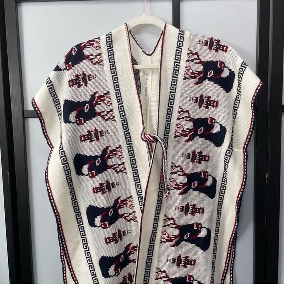 [l] Creme White Knit Holiday Poncho Sweater with Navy Blue & Red Reindeer Print - Picture 5 of 14